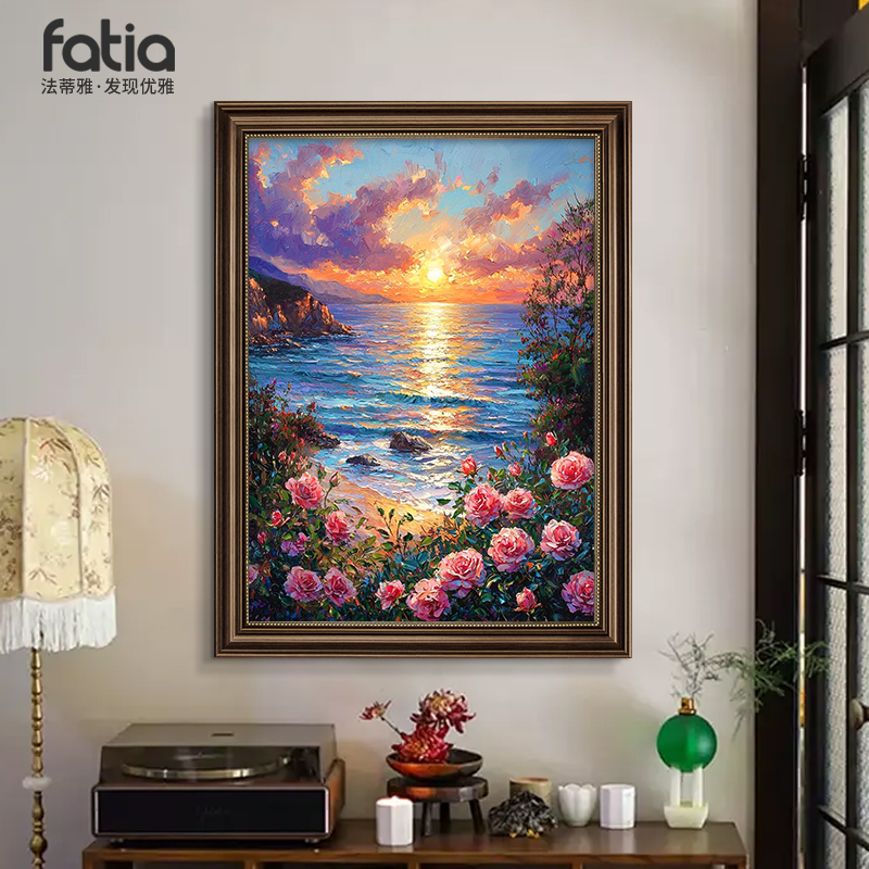 玫瑰花美式玄关装饰画复古油画风景入户走廊过道挂画客厅餐厅壁画图片