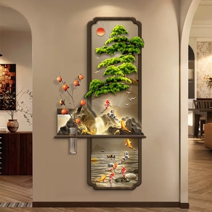 中古风水培绿植玄关装饰画复古高级感入户走廊过道迎客松挂画壁灯