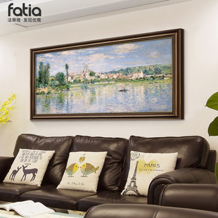 壁画 挂画莫奈油画沙发背景墙手绘餐厅山水复古横版 客厅装 饰画美式