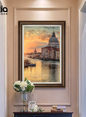 美式挂画玄关装饰画入户正对门复古走廊过道壁画欧式客厅手绘油画