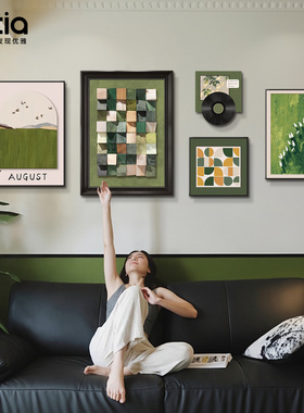 法式复古挂画中古风客厅沙发背景墙装饰画绿色油画轻奢高级感壁画