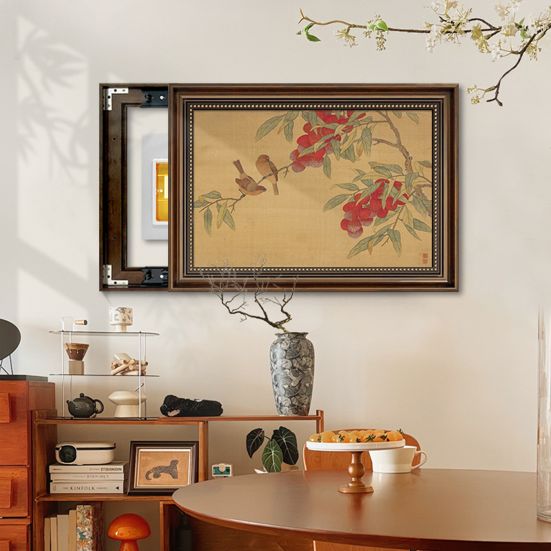 中古风电表箱装饰画2025新款免打孔遮挡配电箱复古花鸟餐厅挂画图片