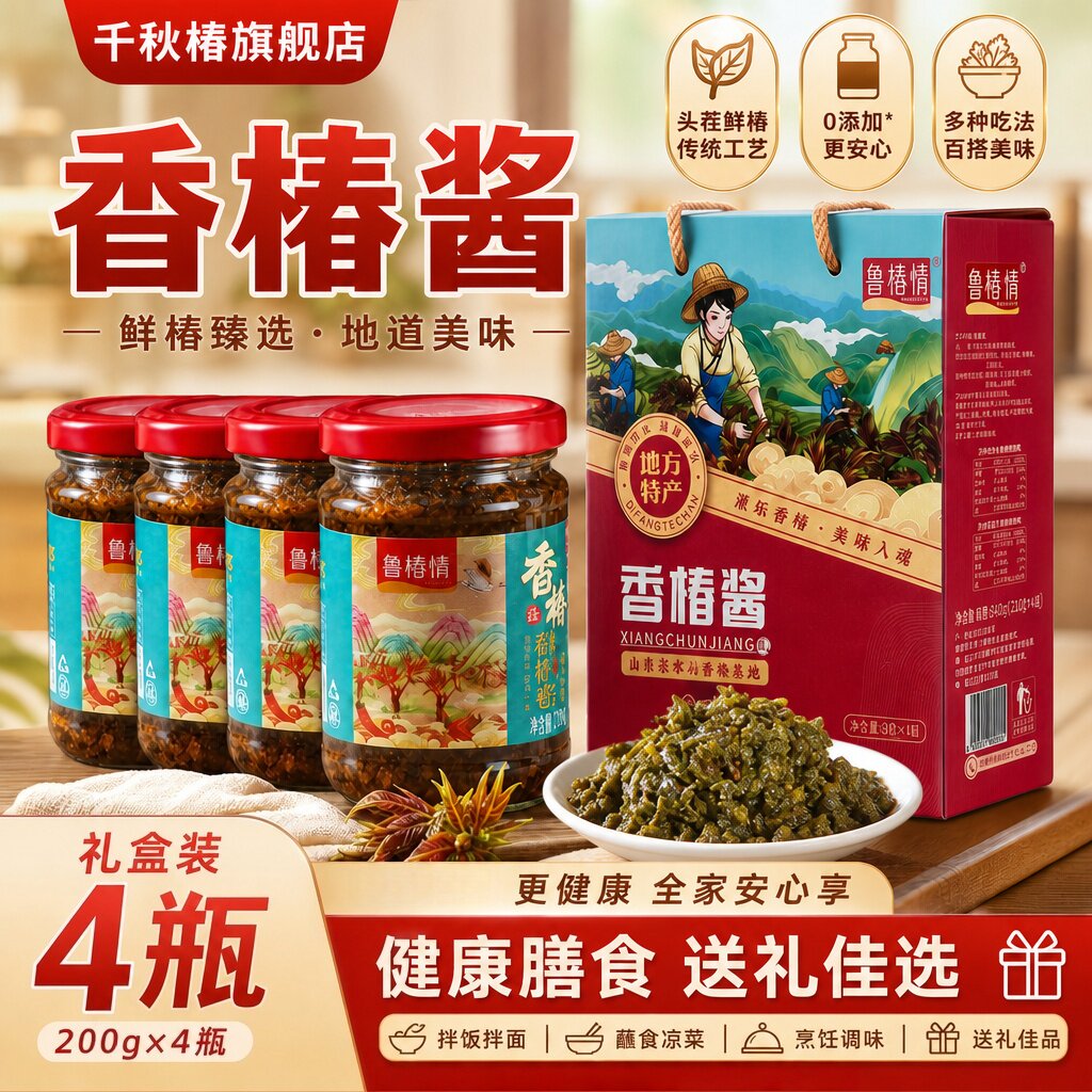 千秋椿香椿酱山东泰山特产礼盒装下饭嫩芽素食辣椒酱送礼过节团购