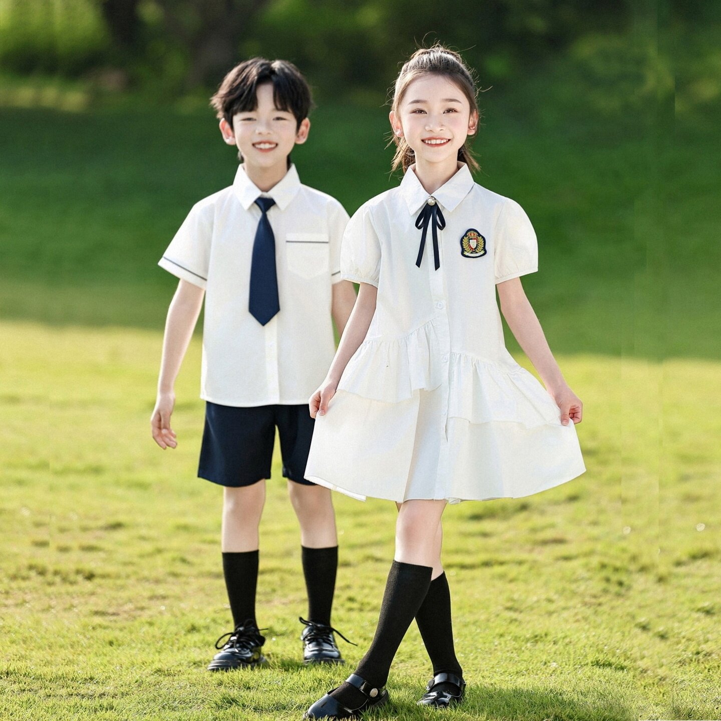 小学生校服连衣裙儿童百褶裙短袖合照团体半身裙舞蹈合唱英伦风