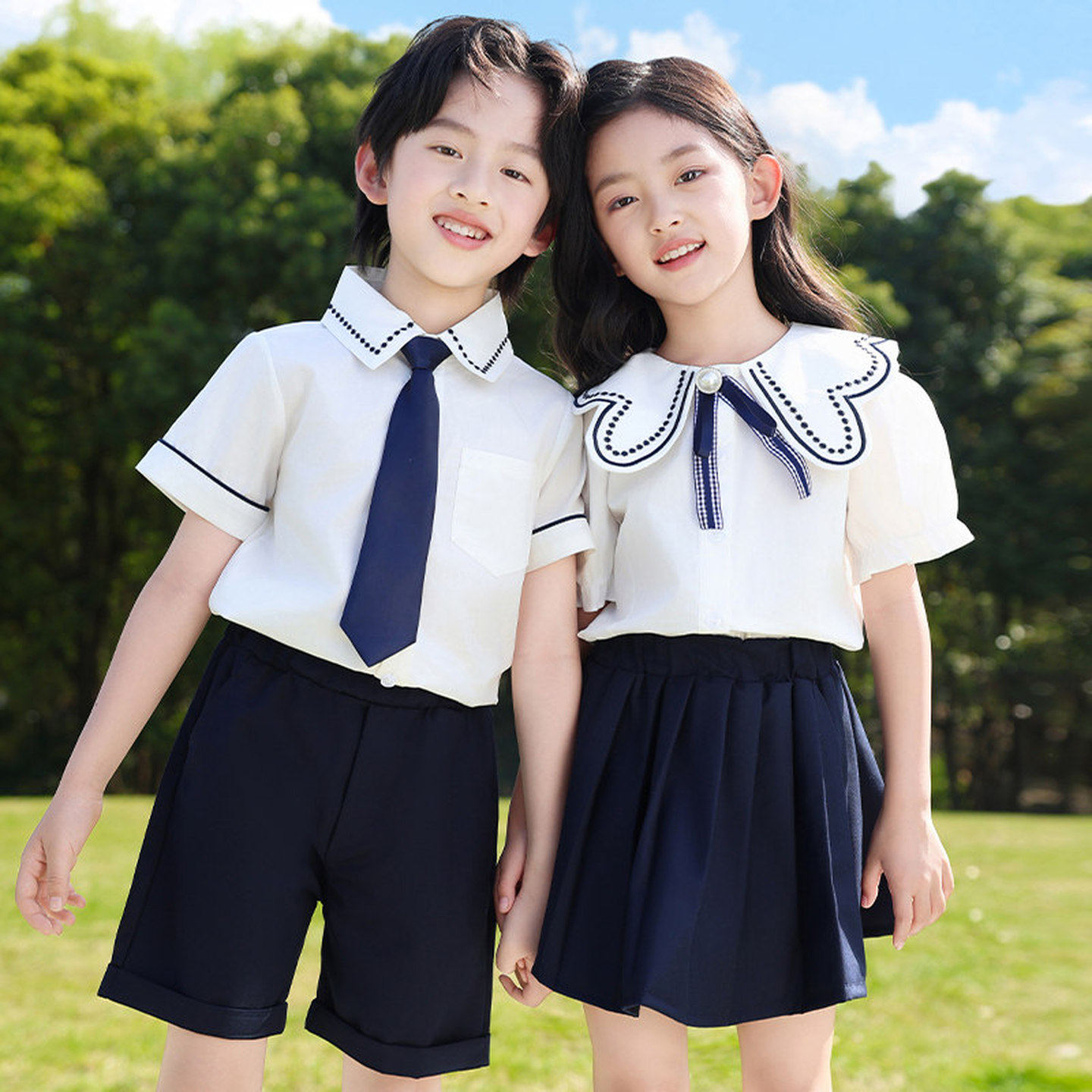 演出服装合唱礼服表演服条纹女童啦啦队夏装一年级两件套粉色校服