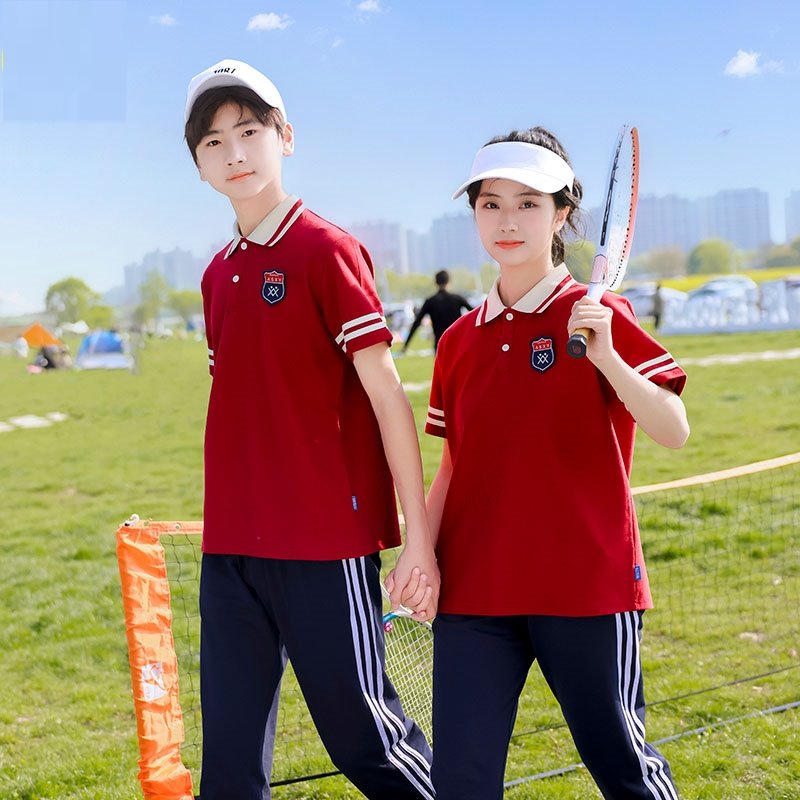 中学生校服夏季短袖长裤套装红色英伦风儿童毕业照小学生班服夏装