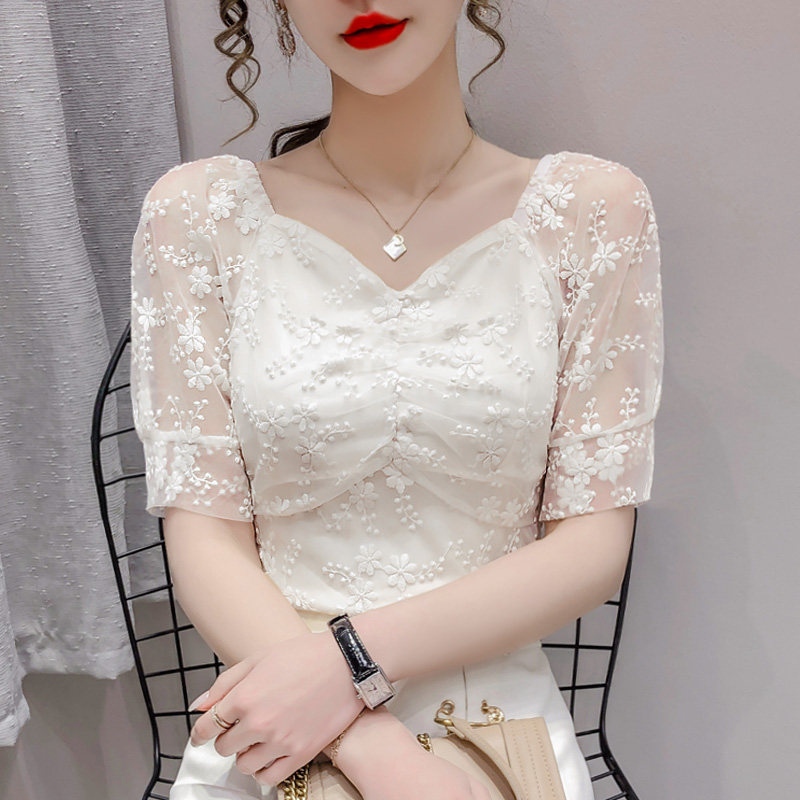 Lace Short sleeved Chiffon shirt summer 2021 new pattern Korean Edition Self cultivation Embroidery Thin section Jacobs Western style Primer jacketin the Women's clothing/Boutique , Lace shirt/Chiffon shirt  category - from Buy2taobao.com to provide professional Taobao agent buy service