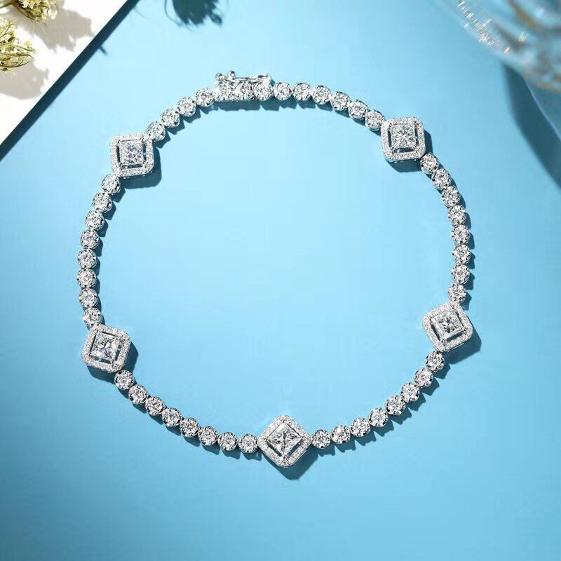 芬兰FEO 18k白金公主方钻石手链 时尚奢华克拉真钻满钻手链女定制