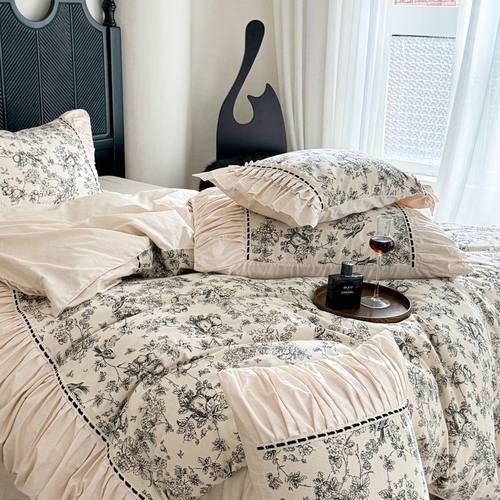 法式全棉磨毛床上四件套2024新款复古褶皱被套纯棉长绒棉柔软床品