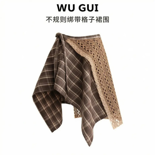 春秋高端叠穿蕾丝格子屁帘