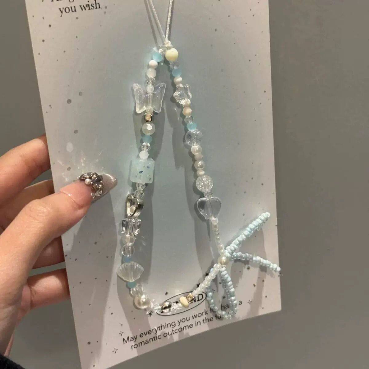 手机链蓝色系ins韩国少女蝴蝶结手机链ccd相机挂链装饰品新款链条