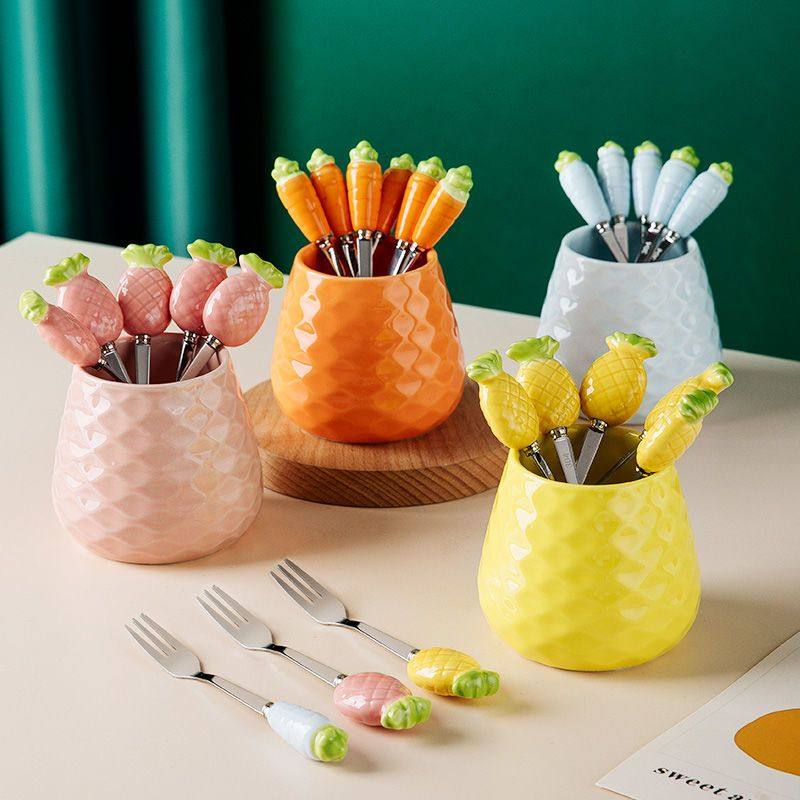 漂亮水果叉304不锈钢水果叉子套装儿童安全带收纳罐高端创意可爱,餐饮具,水果叉/水果签,淘宝优惠券,粉丝福利购,淘宝优惠卷