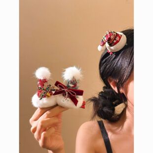 圣诞头发装饰可爱红色蝴蝶结圣诞树帽子发夹女氛围感高级感夹子装