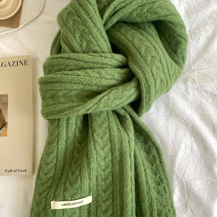 淡绿色围巾韩系简约麻花纹羊毛针织围巾女秋冬季学生保暖百搭情侣