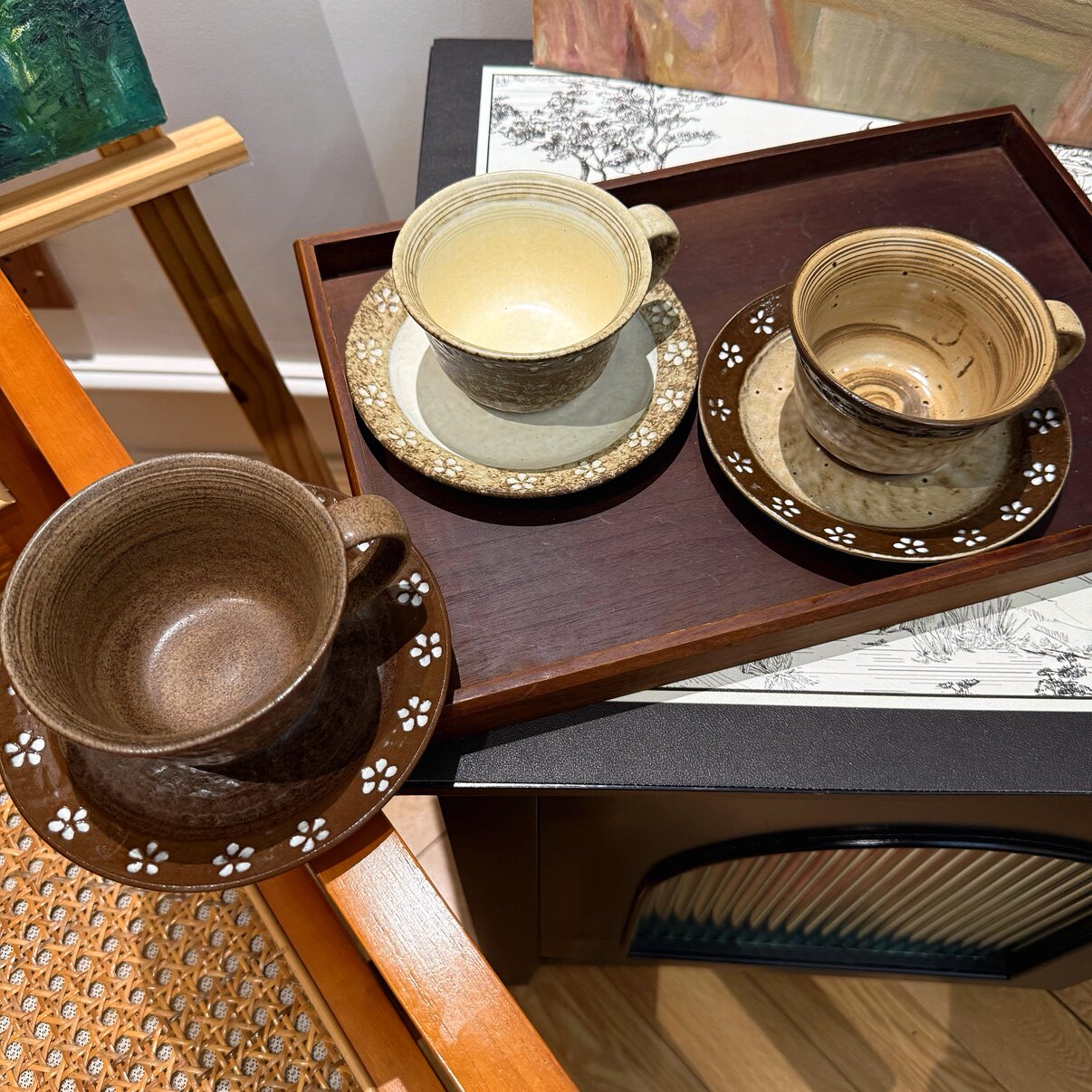 日式侘寂风复古咖啡杯碟花朵图案杯拉花拿铁杯下午茶水杯釉下彩
