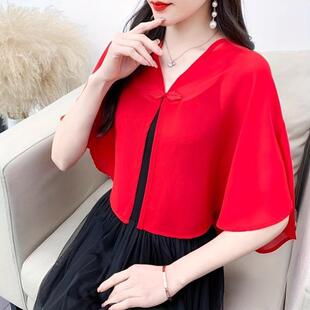 Summer Sun Protection Elegant Red Chiffon Shawl Cardigan跨境