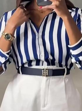 款Women's riped Print Button Shirt Casual Long Sleeve