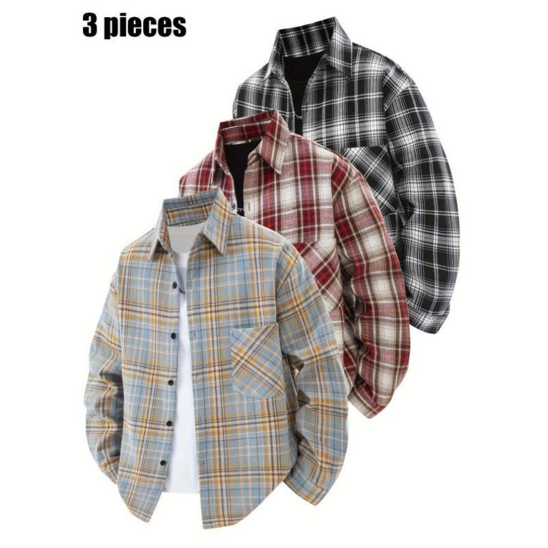 Casual Plaid Shirt Jacket Set Spring Fall Lapel Collar