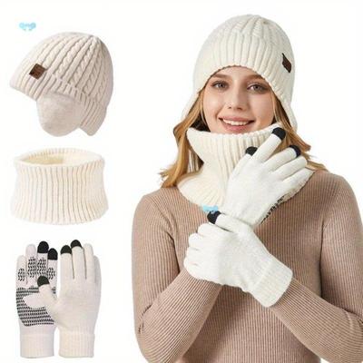 Set of 3 Winter Beanie Hat wh Earflap Scarf Touchscreen