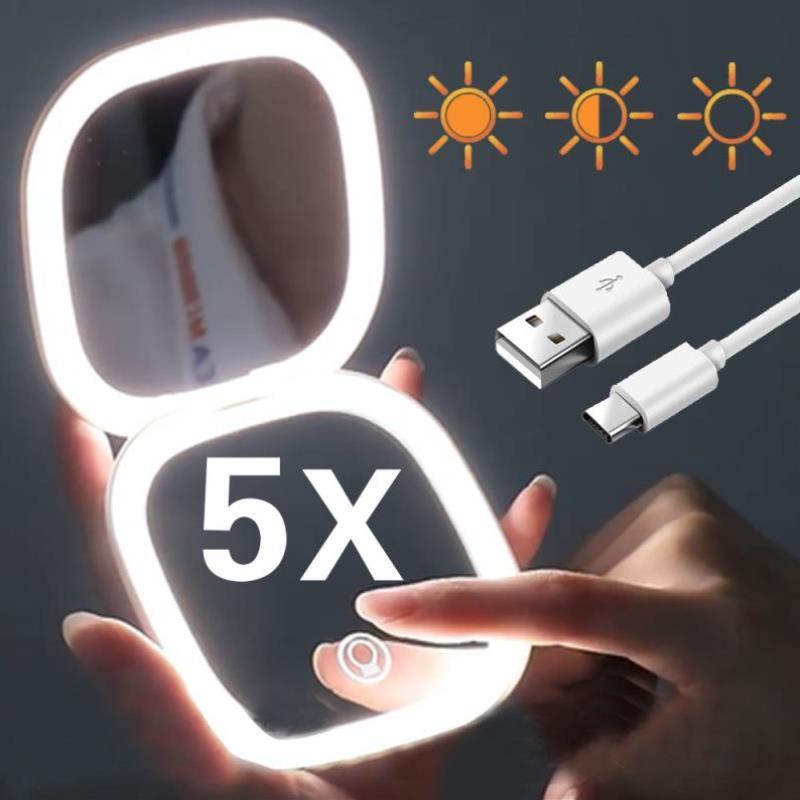 Mini Compact Led Makeup Mirror Wh Light 5X 10X Magnifying
