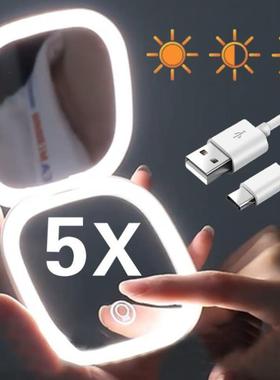 Mini Compact Led Makeup Mirror Wh Light 5X 10X Magnifying