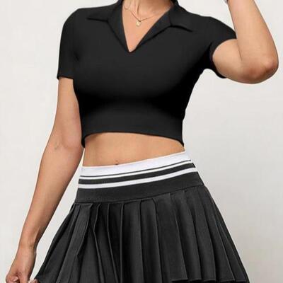 Women's Solid Color Polo Neck Crop Casual Slim fting Short