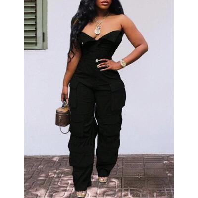 跨境 Jumpsus Bodysus 女款纯色百褶休闲连体裤配吊带