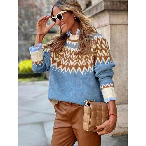 S 89326 Color Block Round Neck Knit Sweater 拼色圆领针织衫
