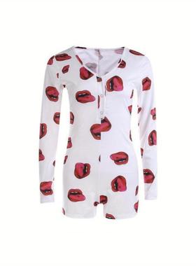 2026秋冬跨境外贸新款塑身连体衣女式别致红色唇印