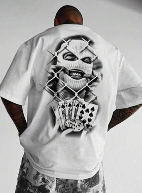 A 74847 速卖通TEMU跨境秋季外贸款男士夏季白色扑克印花休闲T恤