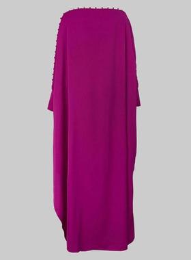 2026秋冬跨境外贸新款女士纯色不对称领紫色连衣裙优雅开衩