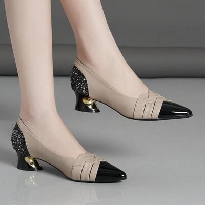 跨境Elegant Women'S Pointed Toe High Heels Chunky Mid Heel