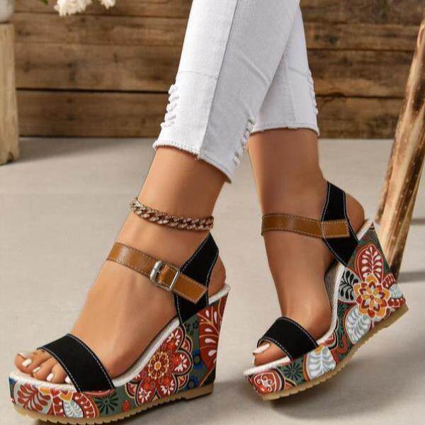 跨境Women's yli Classy Ethnic Floral Pattern Wedge Heels