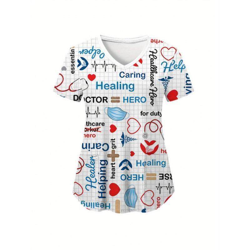 外贸代发新款V Neck Workwear Top wh Pockets All Over Print