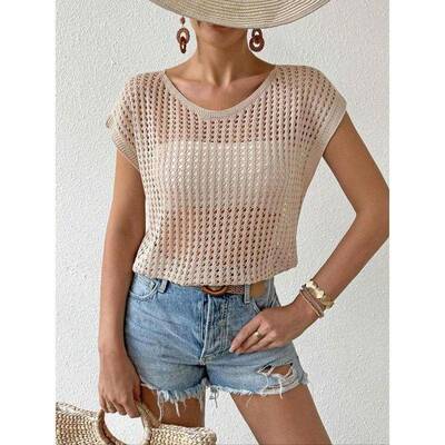 Q 56201 Crochet Sleeve Beach Cover Up 钩针盖袖沙滩罩衫
