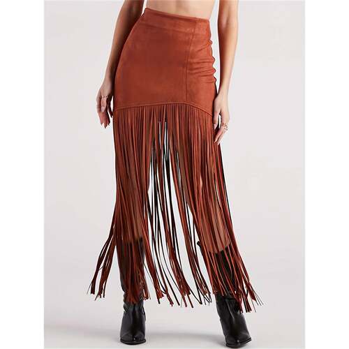 Y 95699L Western Retro Fringe Suede Solid Color Skirt 复古流