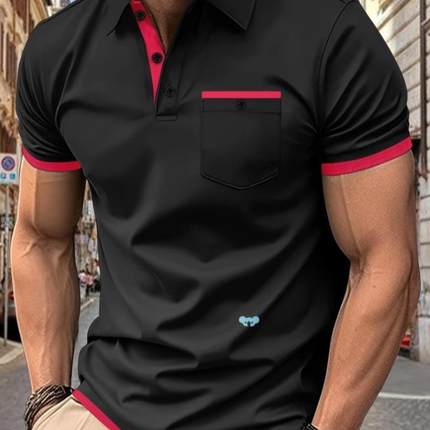 men's Black Red Color Block Casual Shirt wh Button Up跨境