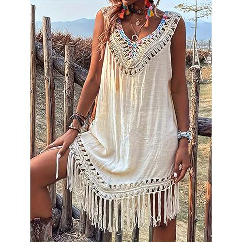 J 30501 Colorful Ball Lace Trim V Neck Beach Cover Up 彩色小