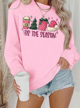 外贸代发款跨境 Hoodies Sweatirts 女士圣诞主题字母印花落肩