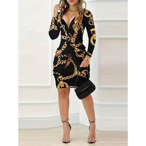 L 49759 Cross Neck Halter Party Dress 印花收腰派对裙