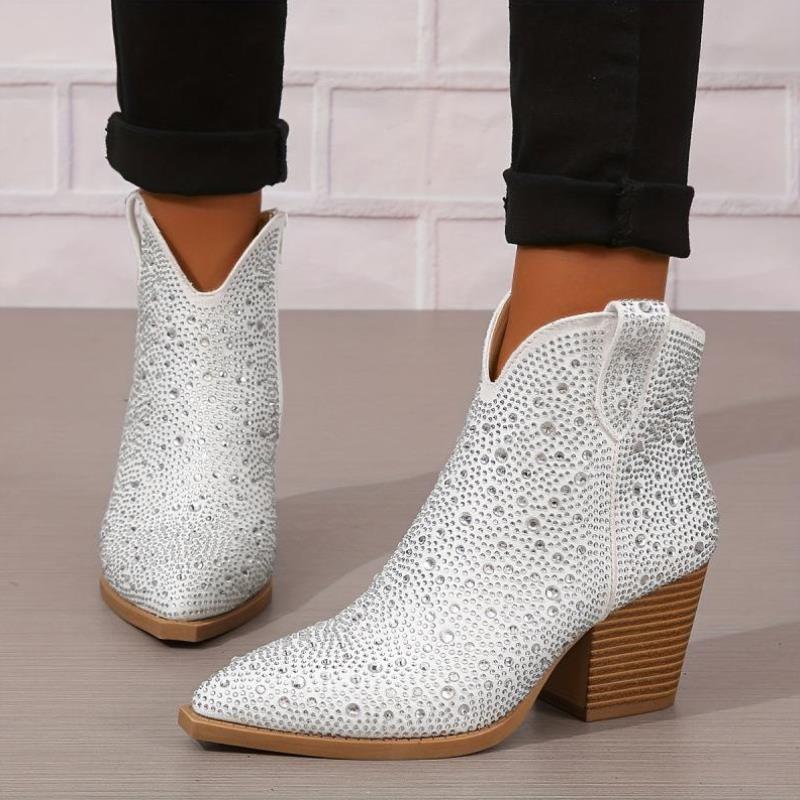 跨境Heel Ankle Boots wh Encrusted Side Zipper Pointed