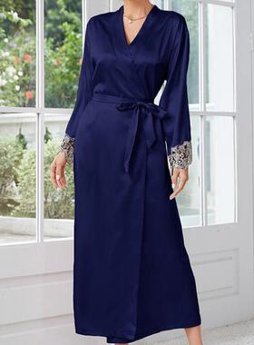 跨境 Bathrobes Dressing Gowns 女士长款蕾丝束腰睡袍舒适缎面睡
