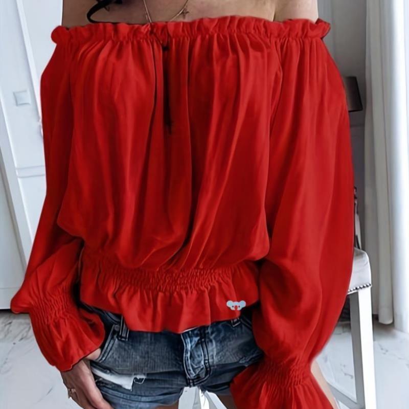 A yli Solid Colored Off Shoulder Top wh a One Word跨境