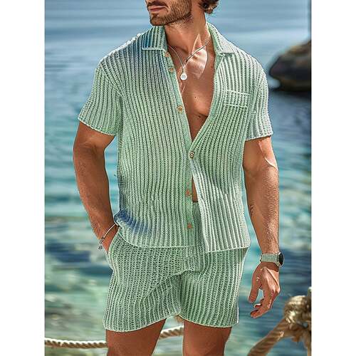 K 57044 Summer Knitted Hollow Out Shirt Men 镂空针织衬衫