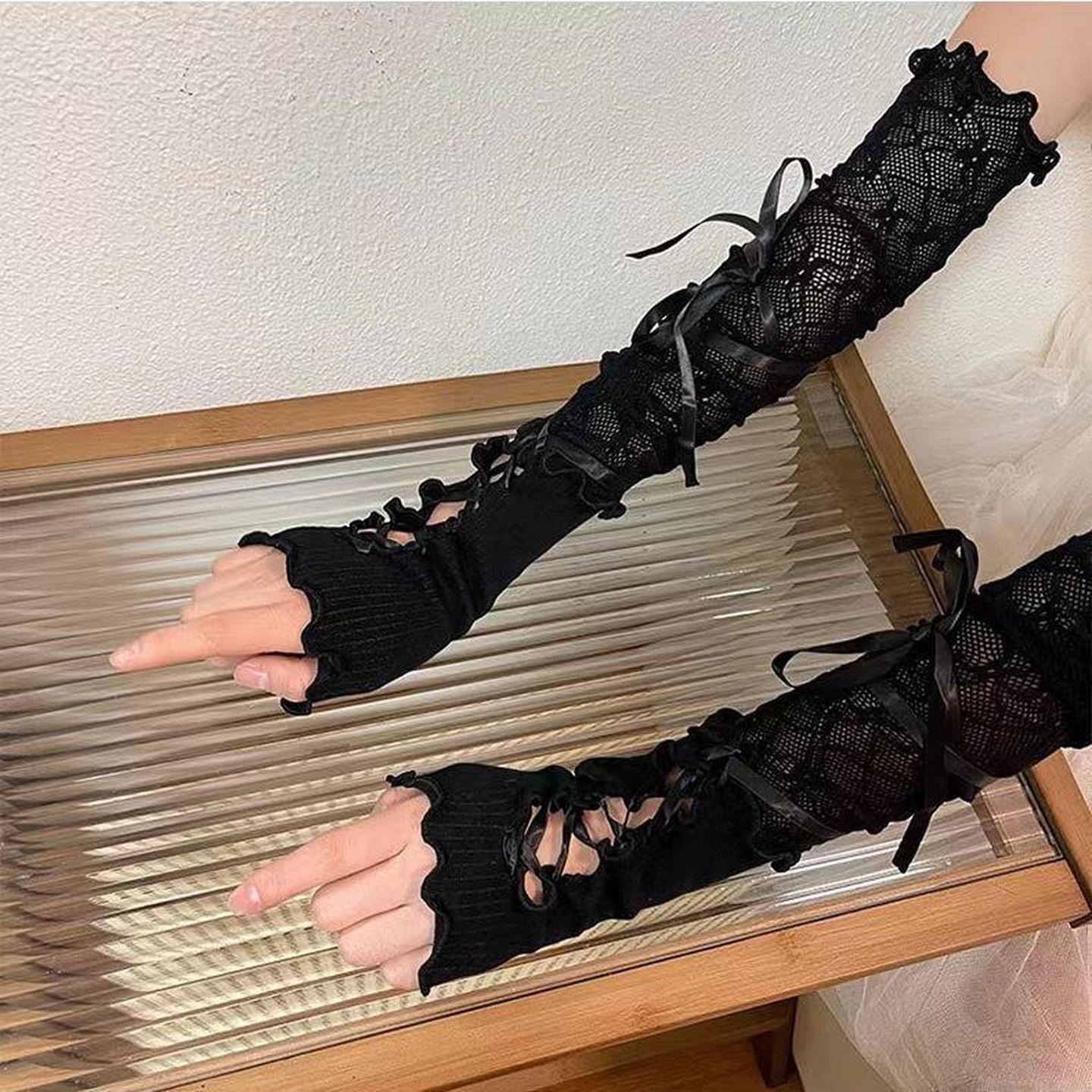 蕾丝手袖黑色长款手套lolita礼服舞蹈女士绑带袖套辣妹y2k洛丽塔