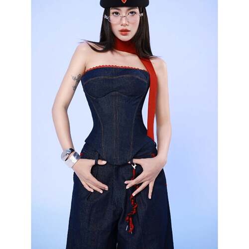 I 13888 Denim tube top wide-leg set 牛仔抹胸阔腿套装欧美
