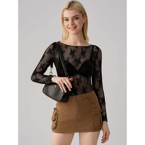 H 89532 Sexy Mesh Lace Long Sleeve Tops 性感网纱打底衫