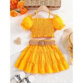 外贸 Girls Sets 海外仓一件代发2025新款 露肩灯笼袖 上衣配膝裙