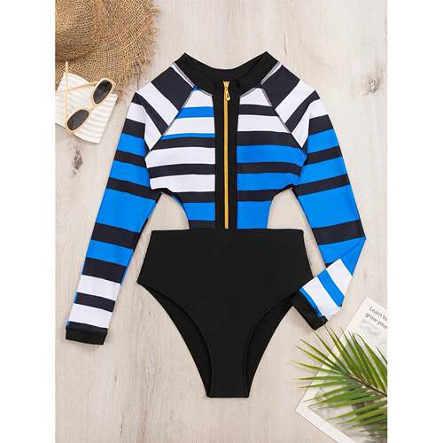 K 15879 Color Block Long Sleeve Swimsuit 拼色连体泳衣