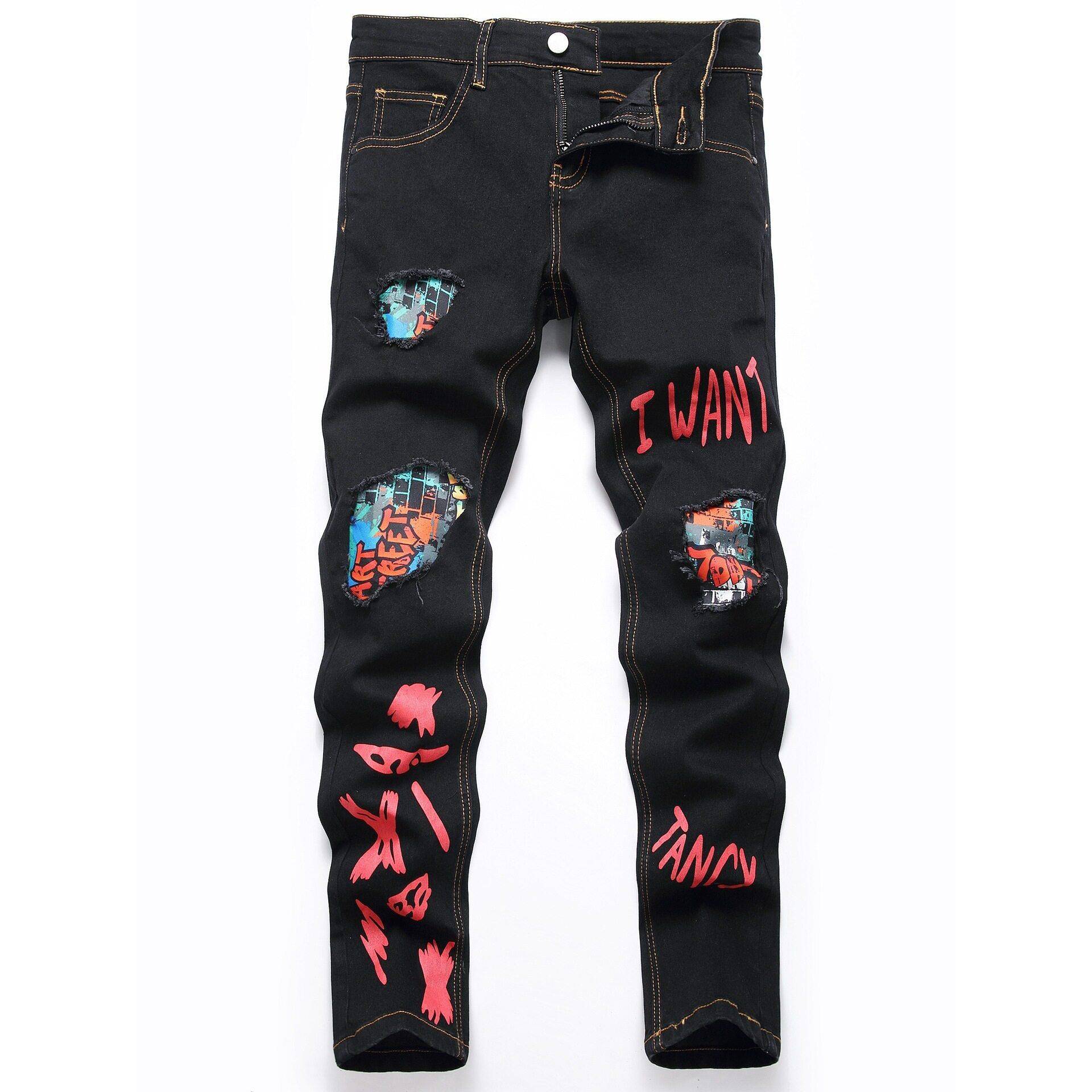 G 38320 Trendy Ripped Black Jeans 印花破洞牛仔裤 - 实物图